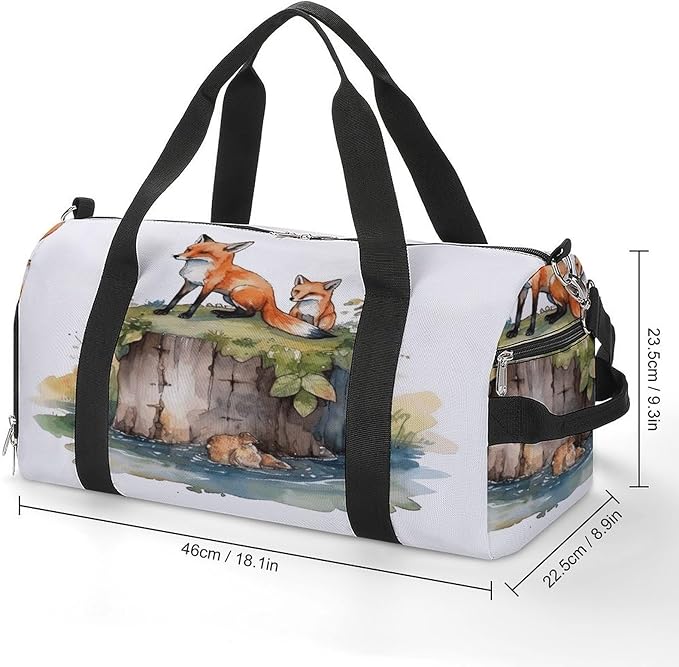 Oxford Cloth Hand Drawn Fox Gym Bag,Duffle Bag with Shoes Compartment And Adjustable Shoulder Straps，Weekender Bags for Men Women.