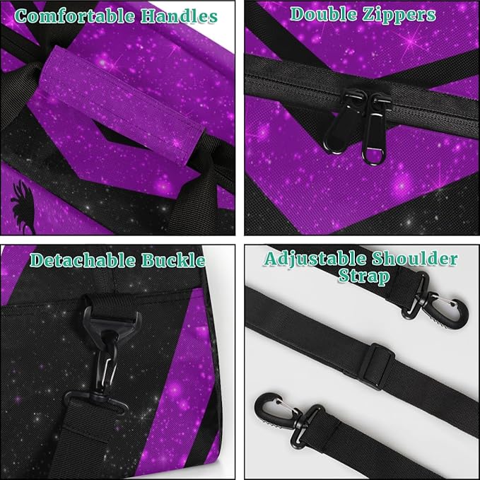 Custom Name Purple Black Cheerleading Squad Gym Travel Duffle Bag with Front Zipper Pocket Personalizedfor Sports Bag for Overnight, Weekender, Carry On,Workout & Dance, 18.9 * 8.7 * 10.6 in