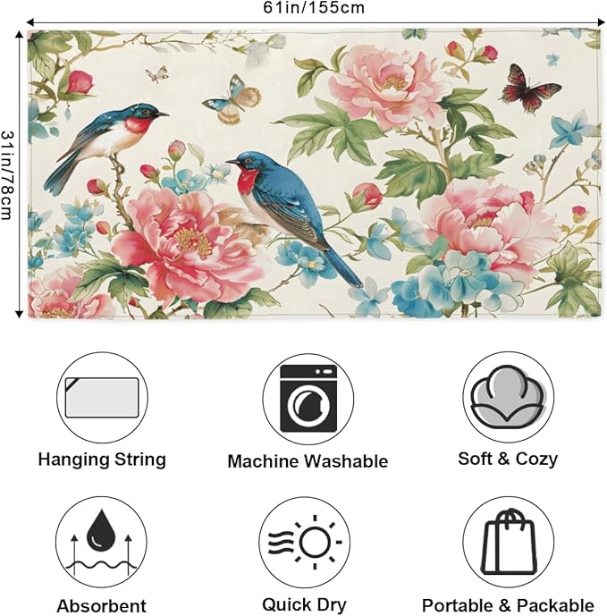 Birds Butterflies Flowers Beach Towel, Large Microfiber Quick Dry Lightweight Pool Bath Towels Sand Free Beach Blanket for Summer Cruise Yoga Camping Travel Vacation Essentials 31 x 61 in