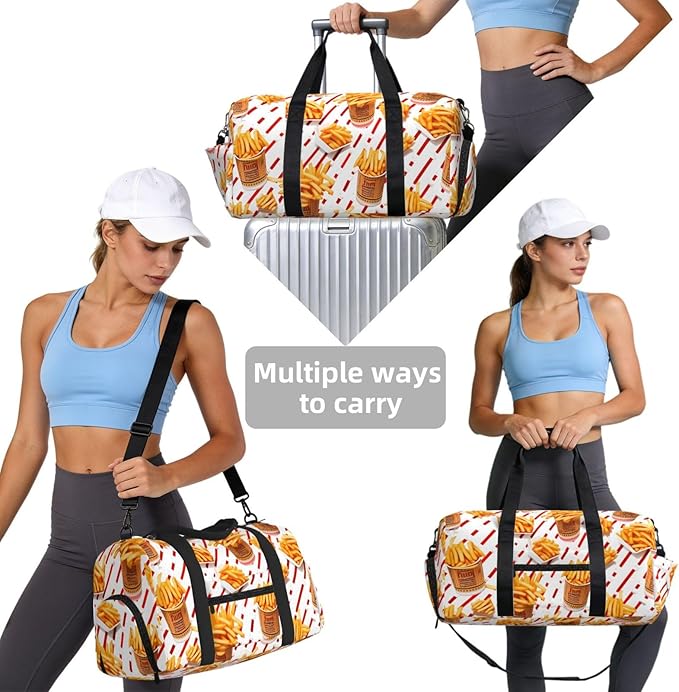 Sports Gym Bag French Fries Chips Pattern Travel Duffel Bag With Shoe Compartment Shoulder Strap, Lightweight Water-Resistant Weekend Overnight Totes For Women Men