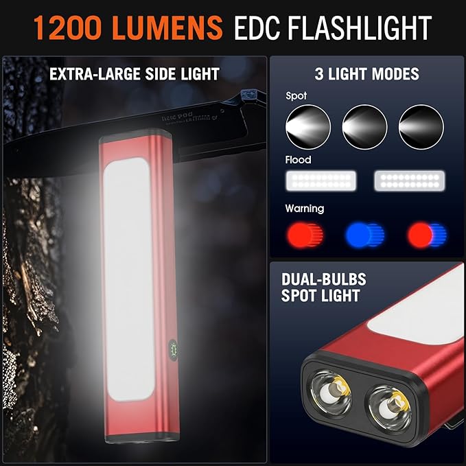 Pocket Flashlight, 1200 Lumens Rechargeable EDC Flashlight with Clip, USB-C Port, 3 Modes Waterproof Warning Light for Working, Camping, Repairing, Emergencies (Red, 1PCS)