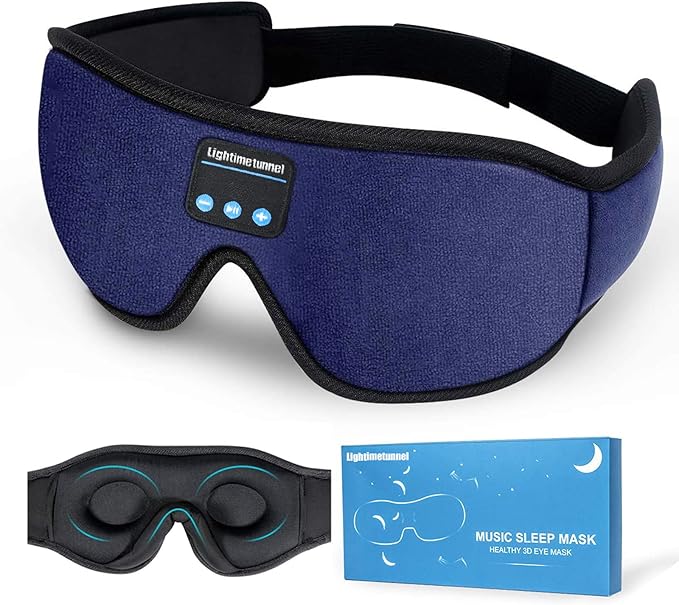 Sleep Headphones, 3D Bluetooth Sleep Mask, LIGHTIMETUNNEL Washable Sleeping Headphones with Ultra Thin Stereo Speakers Microphone Hands Free for Insomnia Travel Blue Color