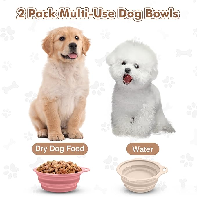 Collapsible Dog Bowls 2 Pack, Silicone Dog Bowl for Small Dogs, Dog Travel Bowl with a Lanyard Hole, Puppy Bowls for Water and Food, Travel Pet Bowls Pink & Light Beige, 11.3oz × 2
