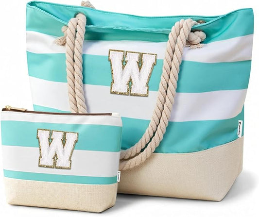 Vavabox Initial Beach Tote Bag for Women, Water-resistant Foldable Travel Beach Bag Set, Birthday Gifts for Women Mom