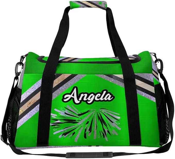Cheerleader Green Grey Glitter Print Duffle Bag for Men Women, Personalized Custom Name Text Crossbody Bags, Travel Sport Gym Perform Training Gym Bag