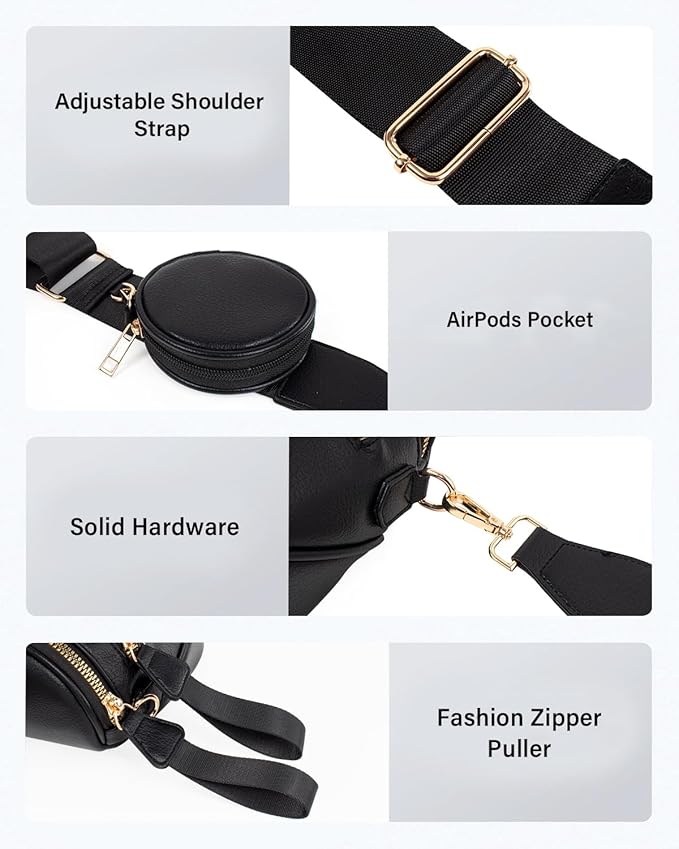 Valentoria Fashionable Womens Leather Waist Bag Crossbody Bag Detachable Wallet Adjustable Shoulder Strap (Black)