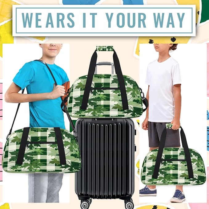 Sports Duffel Bags, Green Checkered Maple Leaves Water-Resistant Gym Duffle Bag for Men Women, Lightweight Weekender Overnight Bag for Fitness, Workout, Travel