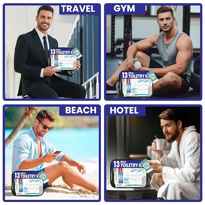 Trektote Travel Toiletry Kit For Men And Women – 13 Piece Set of Travel Size Toiletries, TSA Compliant, Travel Essentials, Includes Shampoo And Conditioner, Body Wash, Oral Care, Toiletry Bag & More