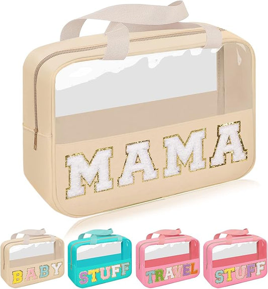 Iqimott Chenille Letter Patch Mama Bag, Preppy Clear Makeup Cosmetic Bag Large Toiletry Storage Tote Bag with Handle, Transparent Nylon Waterproof Organizer Zipper Pouch for Travel Women Girls(Beige)