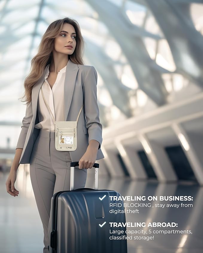 RFID Travel Neck Wallet - Beige | Sleek, Secure Passport Holder and Money Pouch with Adjustable Neck Strap for Men and Women to Keep Cash, Credit Cards & Travel Documents Safe