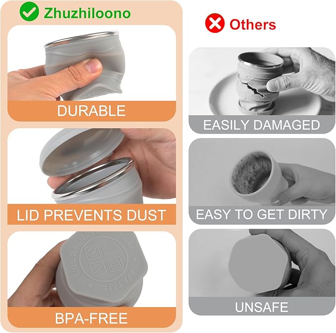 Collapsible Travel Cup with Lid (6oz/180ml) - BPA Free Silicone Folding Cup with Stainless Steel Rim - Portable Pocket Size Drinking Cup for Mouthwash, Pills, Hiking, Camping & Kids(Gray)