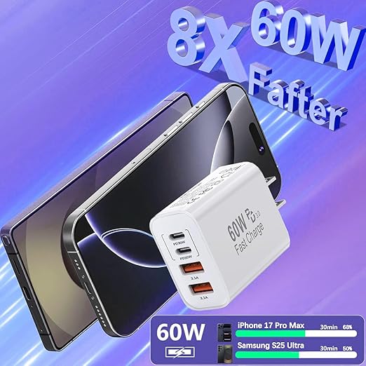 USB C Charger Block,60W 4-Port USB C Wall Charger iPhone Charger Fast Charging PD Power Adapter+QC Wall Plug Multiport Type C Brick Chargers for iPhone 17 16 15 14 13 12 11 Pro Max XS,Samsung