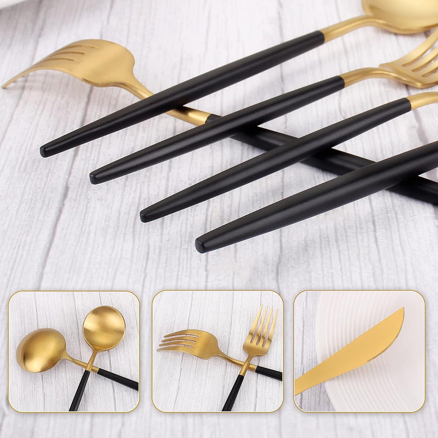 Matte Gold Silverware Set With Black Handle, IBIILII JEFF 40 Pieces Stainless Steel Flatware Set For 8，Kitchen Utensil Set, Tableware Cutlery Set, Knife Spoons And Forks Set, Dishwasher Safe
