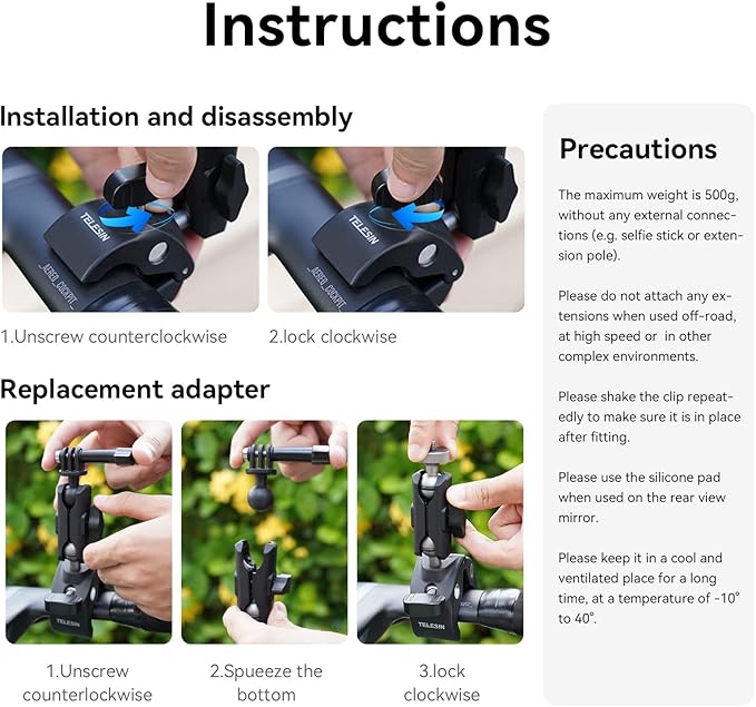 TELESIN Camera Clamp Mount Bike Motorcycle Handlebar Mounts Accessories, 360 Ball Joint Tube Roll Bar Holder Clip for DJI Osmo Action 6/Osmo Nano/Action 5 4 Pro/Hero 13 12 11 10 9 8 7/Insta 360 X5 X4