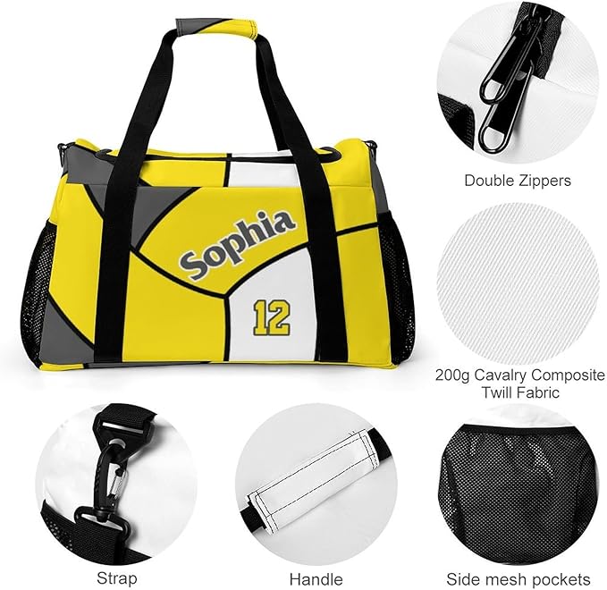 Custom Volleyball Yellow Duffel Bag with Name Personalized Travel Bags Sport Gym Bag Carry On Weekender Bags for Men Women