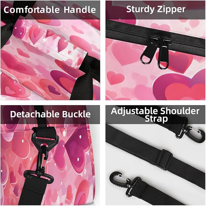 Travel Duffle Bag, Pink Hearts Love Waterproof Weekender Overnight Bags for Women Men Lightweight Carry on Duffle Gym Bag for Travel, Sports, Fitness, Workout
