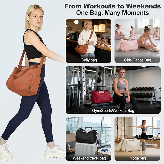 Women's Mini Gym Bag Crossbody, Everyday Sling Duffel with Shoe Compartment & Wet Pocket, Water-Resistant Travel Bag, Rust Orange