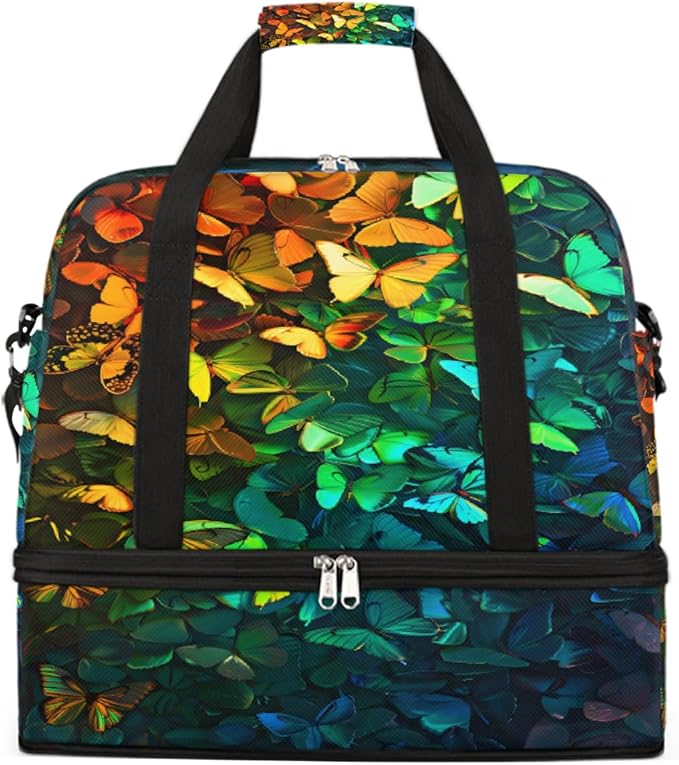 Rainbow Colorful Butterfly Large Weekender Bag with Shoe Compartment Travel Duffel Bags for Women Carry On Hospital Overnight Bag Foldable Personal Item Travel Bags Tote Gym Sports Airplanes