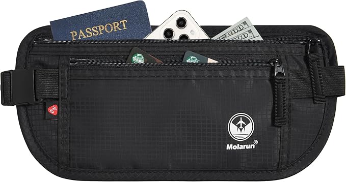 Travel Money Belt - Slim Passport Holder Secure Hidden Travel Pouch with RFID Blocking, Travel Wallet Fanny Pack Belt Bag - Black
