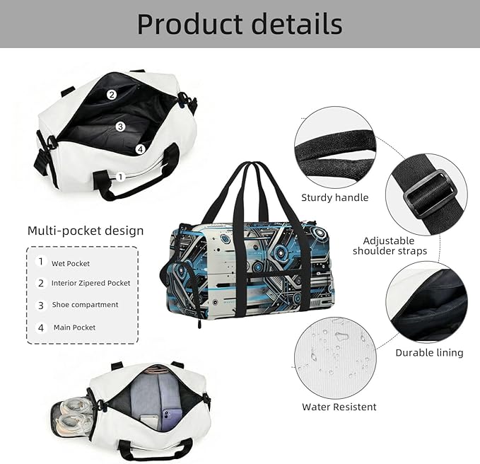 Cool Technology Print Gym Bag with Shoe Compartment for Women Men, 17.7in Sports Duffle Weekender Tote, Overnight Travel Duffel Bag Carry On