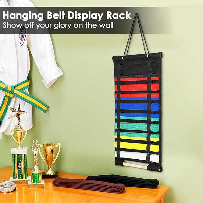 Karate Belt Display Rack, Taekwondo Belt Display Holder with Bamboo Medal Rack, Jiu Jitsu Belt Hanging Holder, Felt Martial Arts Belts Organizer for Taekwondo, Karate, BJJ Learners