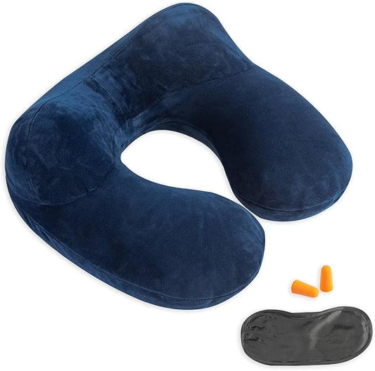 Inflatable Travel Pillow, Neck Pillow Support for Traveling, Airplanes, Cars, and Offices with Compact Carrying Bag, Soft Velvet Washable Cover, Ideal for Adult Sleepers (Blue)