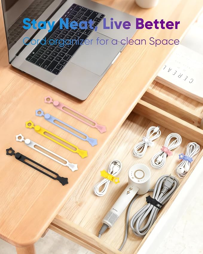 16 Pack Silicone Cable Ties, Reusable Star Design Cord Organizer Straps With 2 Binding Methos, Durable & Stretchable Wire Management for Home, Office, Travel (Black)