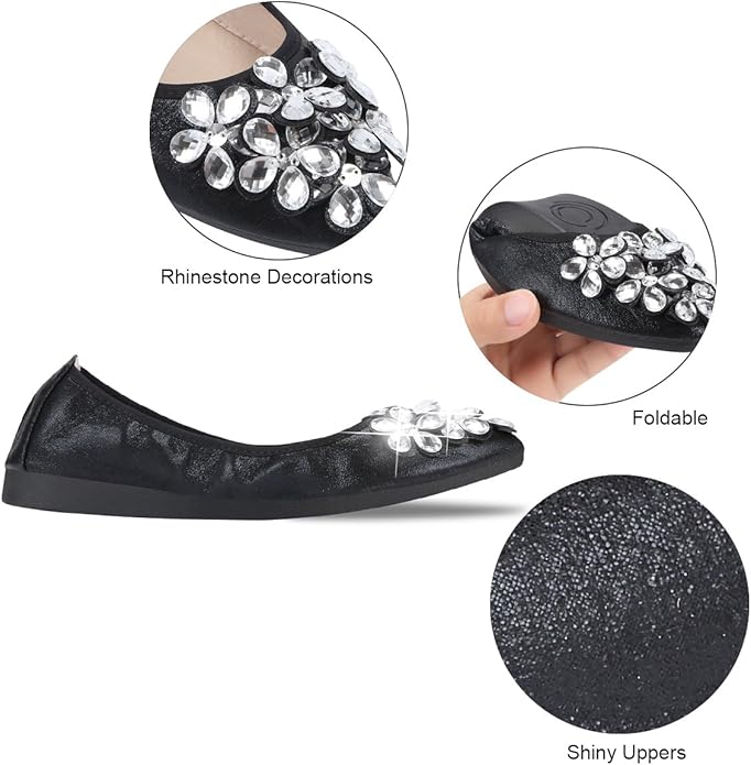 KUNWFNIX Women Ballet Flats Rhinestone Wedding Ballerina Shoes Foldable Sparkly Comfort Slip on Flat Shoes