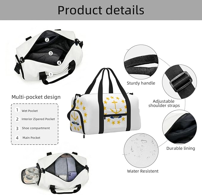 Rhode Island State Flag Print Gym Bag with Shoe Compartment for Women Men, 17.7in Sports Duffle Weekender Tote, Overnight Travel Duffel Bag Carry On