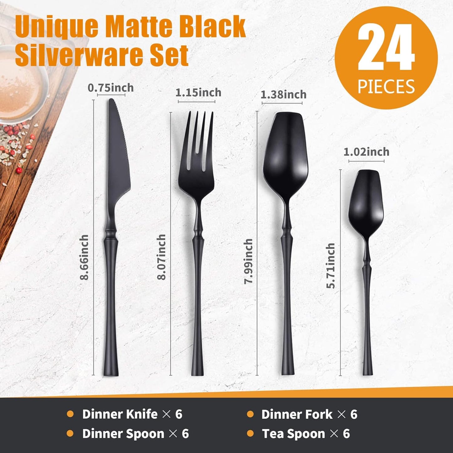24-Piece Black Silverware Set for 6,Modern 18/10 Stainless Steel Flatware Set,Unique Rustic Cutlery Utensils Set,Spoon and Fork Set for Home, Restaurant,Wedding,Mirror Polished,Dishwasher Safe