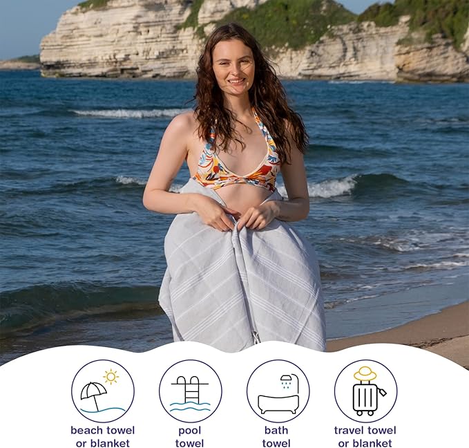 Turkish Beach Towels, Pack of 6 | Oversized, Quick Dry, Sand Free | 100% Cotton, Large 38x71 Towels for Beach, Pool, Travel | Ultra-Soft, Compact, and Absorbent | Light Gray
