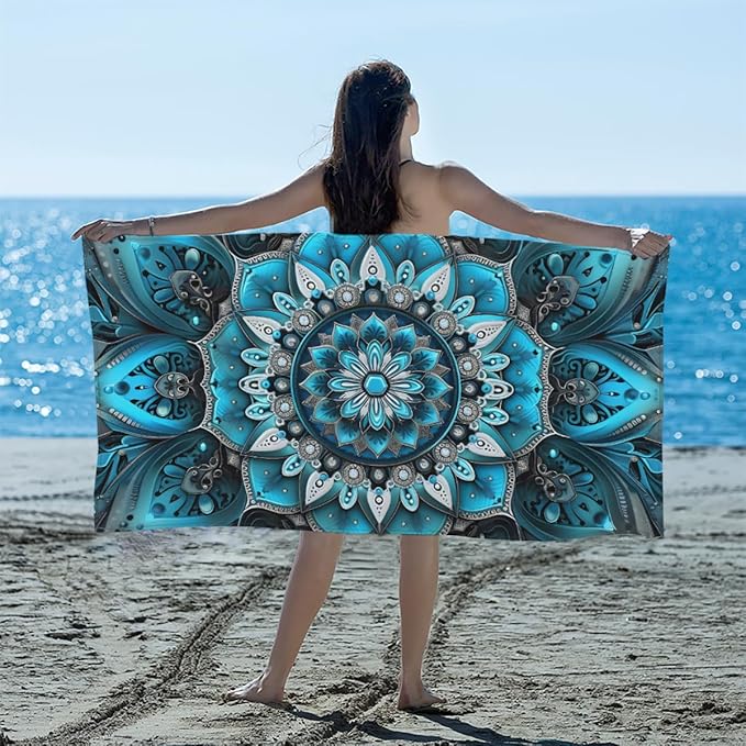 Mandala Vintage Ethnic Blue Beach Towel, Large Microfiber Quick Dry Lightweight Pool Bath Towels Sand Free Beach Blanket for Summer Cruise Yoga Camping Travel Vacation Essentials 31 x 61 in