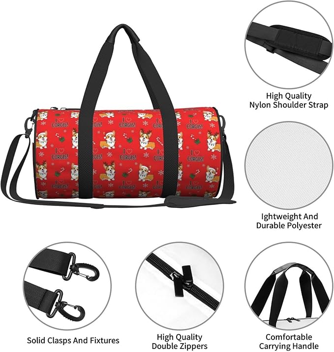 Gym Bags for Men Women, Foldable Travel Duffle Bag Christmas Corgi Dogs Red, Lightweight Weekender Water Resistant Workout Sports Bag for Travel Yoga