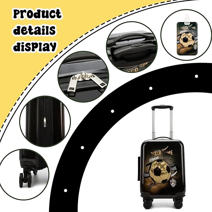Kid's Football Luggage Set 5 Piece Suitcase Set 16" Hardside Luggage with Spinner Wheels Boys Carry on Toddler Travel Rolling Luggage Airline Approved
