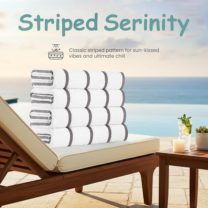CASA COPENHAGEN Cabana Pool 4Pcs 100% Egyptian Cotton Large Designer Beach Towels Gift Set- White Grey, 500GSM, 55"x27", 4 Beach Bath Towels (Box Pack, Set for Women & Men)
