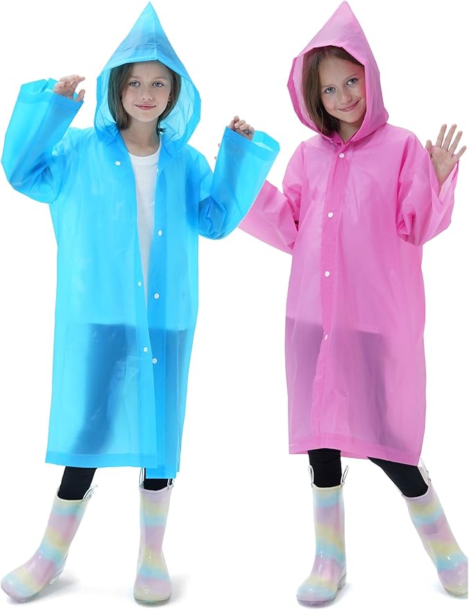 2 Pack Raincoats for Kids, Reusable Rain Ponchos with Hood and Sleeves Rain Coats for Boys and Girls