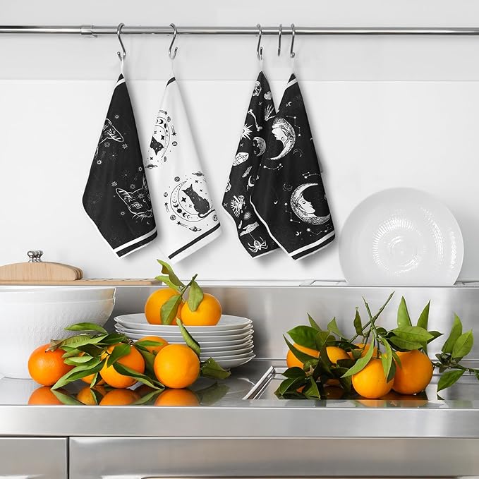 Bencailor 6 Pcs Gothic Kitchen Towels Skull Tarot Dish Hand Towels Skeleton Moon Cat Witchy Tea Washcloth for Bathroom Kitchen Goth Decor Party Gifts 24 x 16''