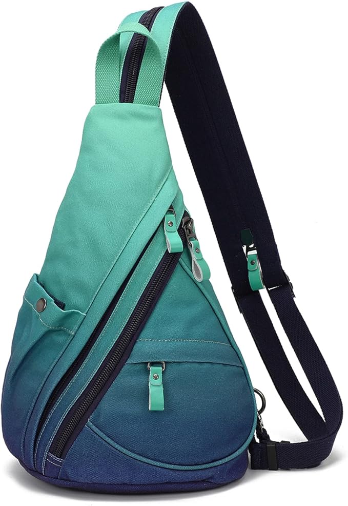 KL928 Canvas Sling Bag - Small Crossbody Backpack Shoulder Casual Daypack Rucksack for Men Women(Large Version,Blue+GrayishGreen)