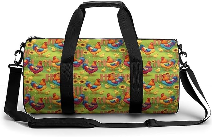 Large Capacity Carry On Weekender Overnight Bag Rooster Chicken Garden Flowers Painting Beach Swim Bags Men Women Duffle Bag for Travel, Sports