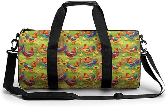 Large Capacity Carry On Weekender Overnight Bag Rooster Chicken Garden Flowers Painting Beach Swim Bags Men Women Duffle Bag for Travel, Sports