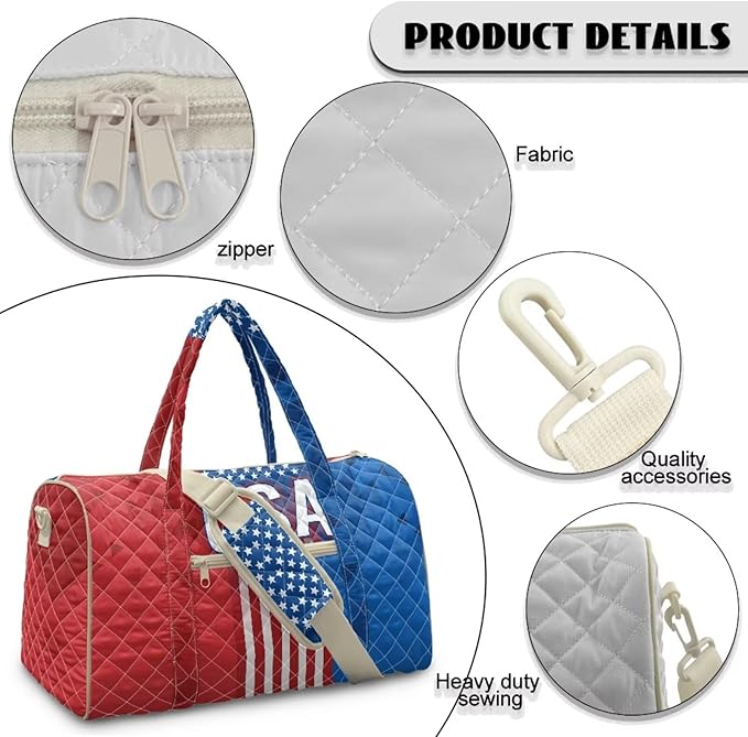 COEQINE American Flag Quilted Duffle Bag for Women Men Travel Red Blue USA Overnight Weekend Gym Carry On Luggage Bag Adjustable Shoulder Strap & Top Handle