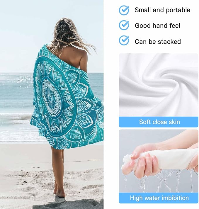 White Mandala Pattern Beach Towel 35" x 71" Teal Green Abstract Art Quick Dry Sand Free Pool Towels Soft & Absorbent Compact Towels Beach Accessories for Travel Bathroom Swimming Pool