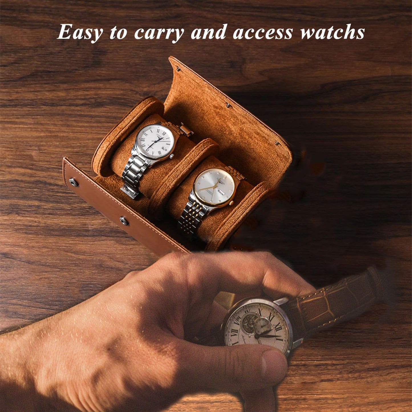 Watch Travel Case, Luxury Leather Watch Roll 2 Slot Organizer Box, Jewelry Storage Case Gifts for Man and Woman Christmas Anniversary Birthday (Brown-2slot)