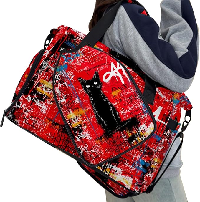 Artistic Black Cat Red Gym Bag for Women & Tennis Bag, Large Sports Duffel Bag Waterproof with Ventilated Shoe Compartment & Front Racket Sleeve, Lightweight Travel Weekender Overnight Bag