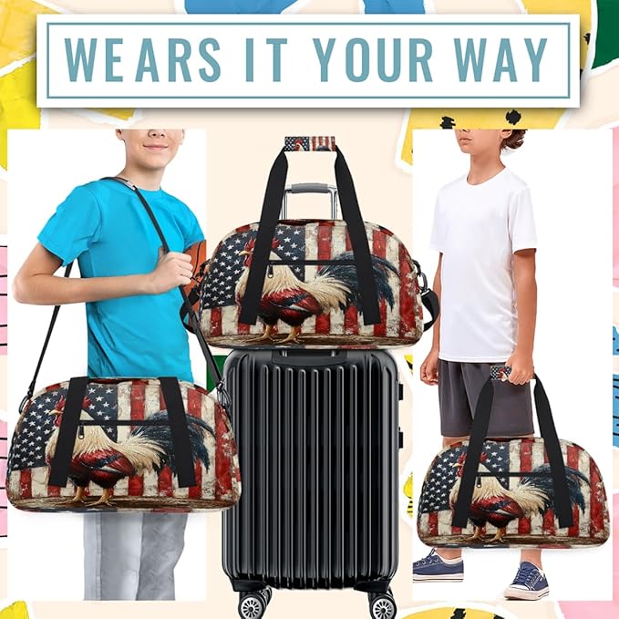 Kids Duffle Bag Girls Boys Farmhouse Rooster On American Flag Back Weekender Overnight Bag,Lightweight Duffel Bags for Traveling Gym Sport Dance