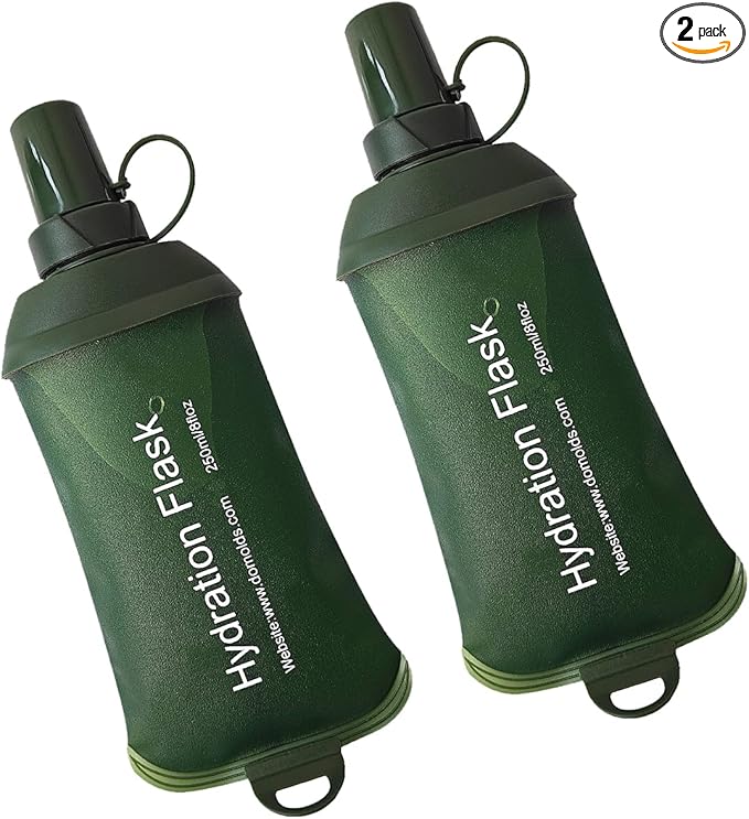 WILDREEDS 250ml Soft Flask, TPU Collapsible Soft Water Bottle for Hydration Pack, Running Vest, Folding Water Bottle for Hiking Cycling Climbing-2Pcs, Green