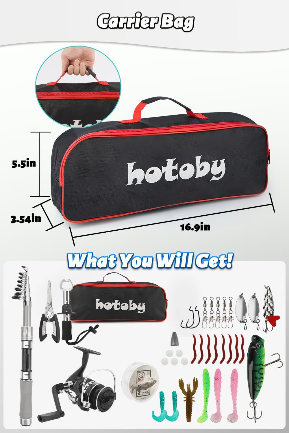 Fishing Pole Combo Set, 6.89ft Fishing Rod and Reel Combo, Carbon Fiber Telescopic Fishing Rod Kit with Spinning Reel, Fishing Pliers, Lip Gripper, Line, Lures for Beginner Angler