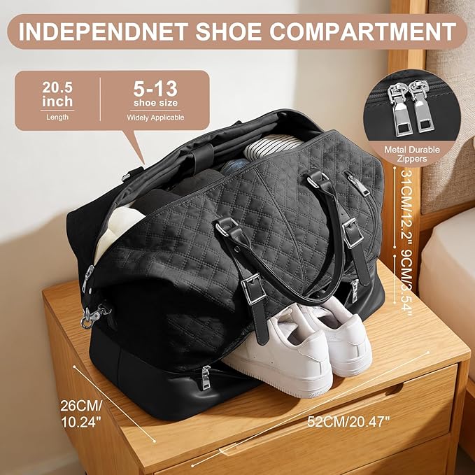 Travel Duffel Bag, Weekender Overnight Bag for Women with Trolley Sleeve, Carry On Bag for Airplanes Sport Tote Gym Bag with Shoes Compartment.(Black)