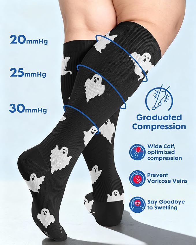 Wide Calf Compression Socks for Women - 3-Pair Plus Size 20-30mmHg Ankle Support Easy on off Socks for Travel Nurse