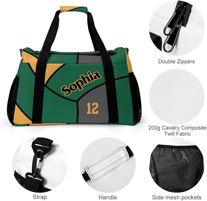 Custom Volleyball Gold Green Duffel Bag with Name Personalized Travel Bags Sport Gym Bag Carry On Weekender Bags for Men Women